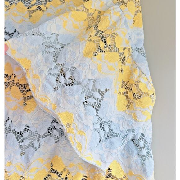 ZARA Pastel Lace Sheer Floral Top Blue Yellow Chevron Scallop Flutter Sleeve L - Picture 3 of 8
